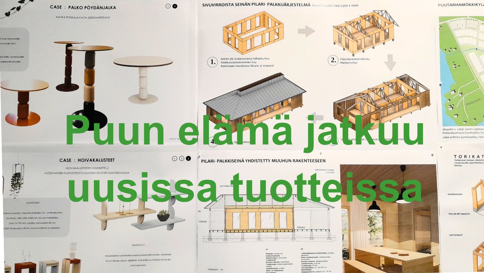 Taustalla havainnekuvia puutuotteista, teksti: puun elämä jatkuu uusissa tuotteissa.