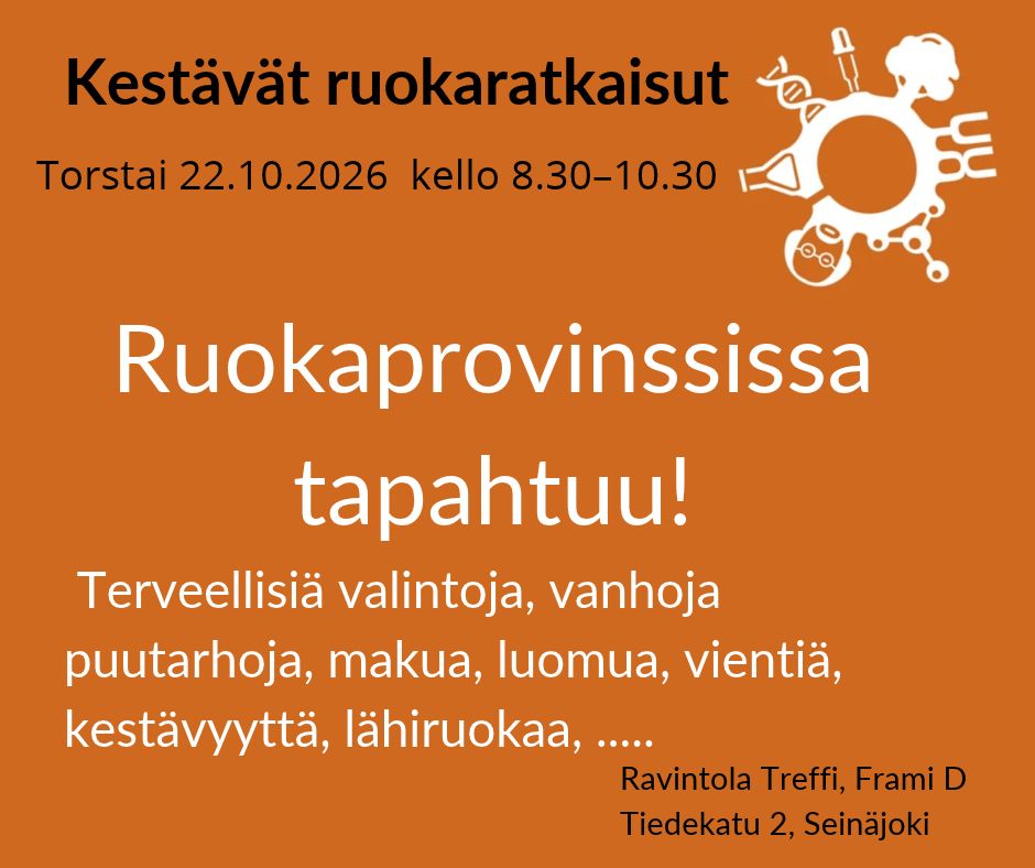Ruokaprovinssissa tapahtuu! Terveellisiä valintoja, maku, vanhat puutarhat, luomu, kestävyys, vienti ja niin edelleen. Tietoprovinssin logo ja samat tiedot, mitä tekstissä.