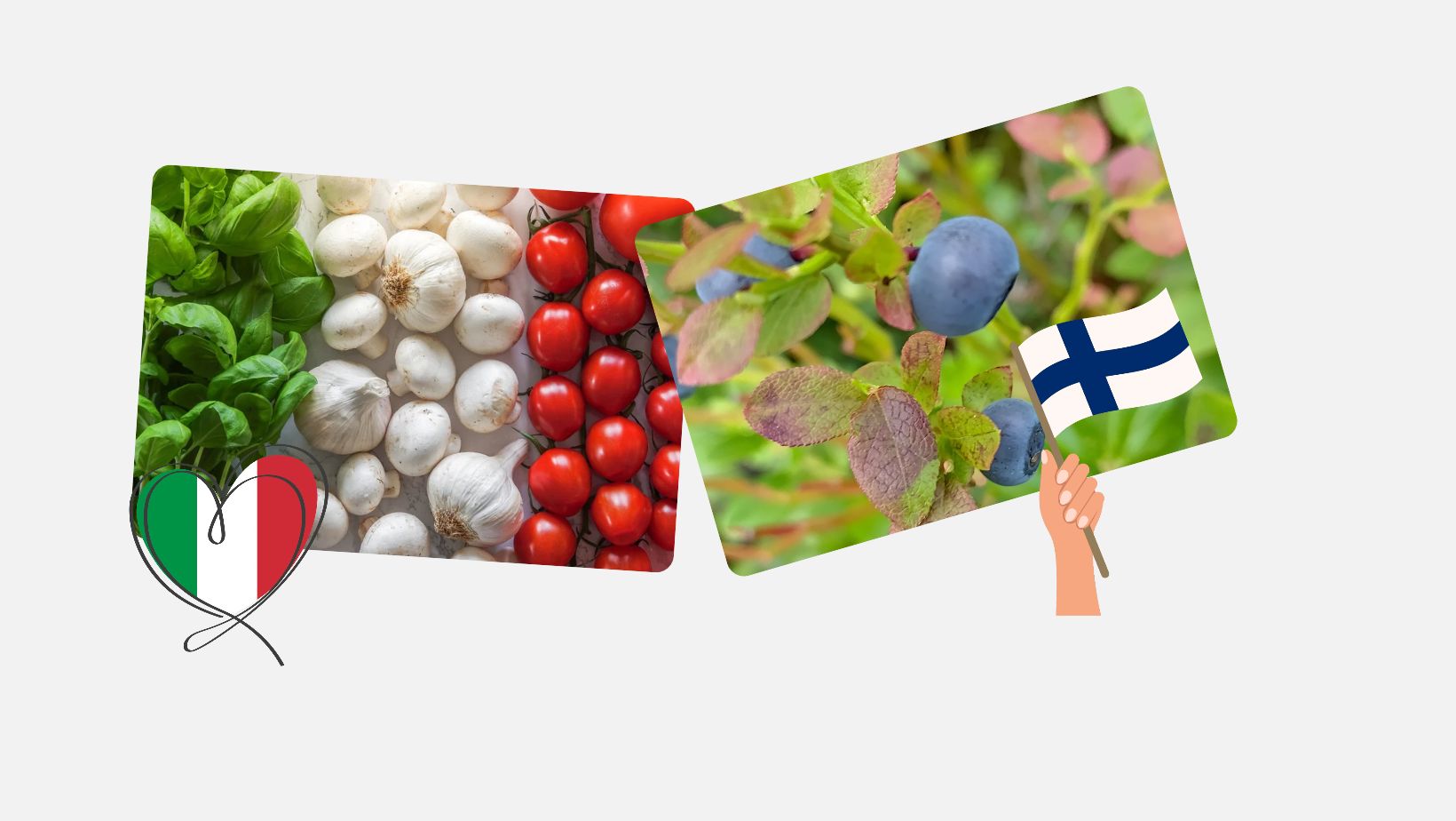 ruokakuvia, Italian ja Suomen lippuja.
