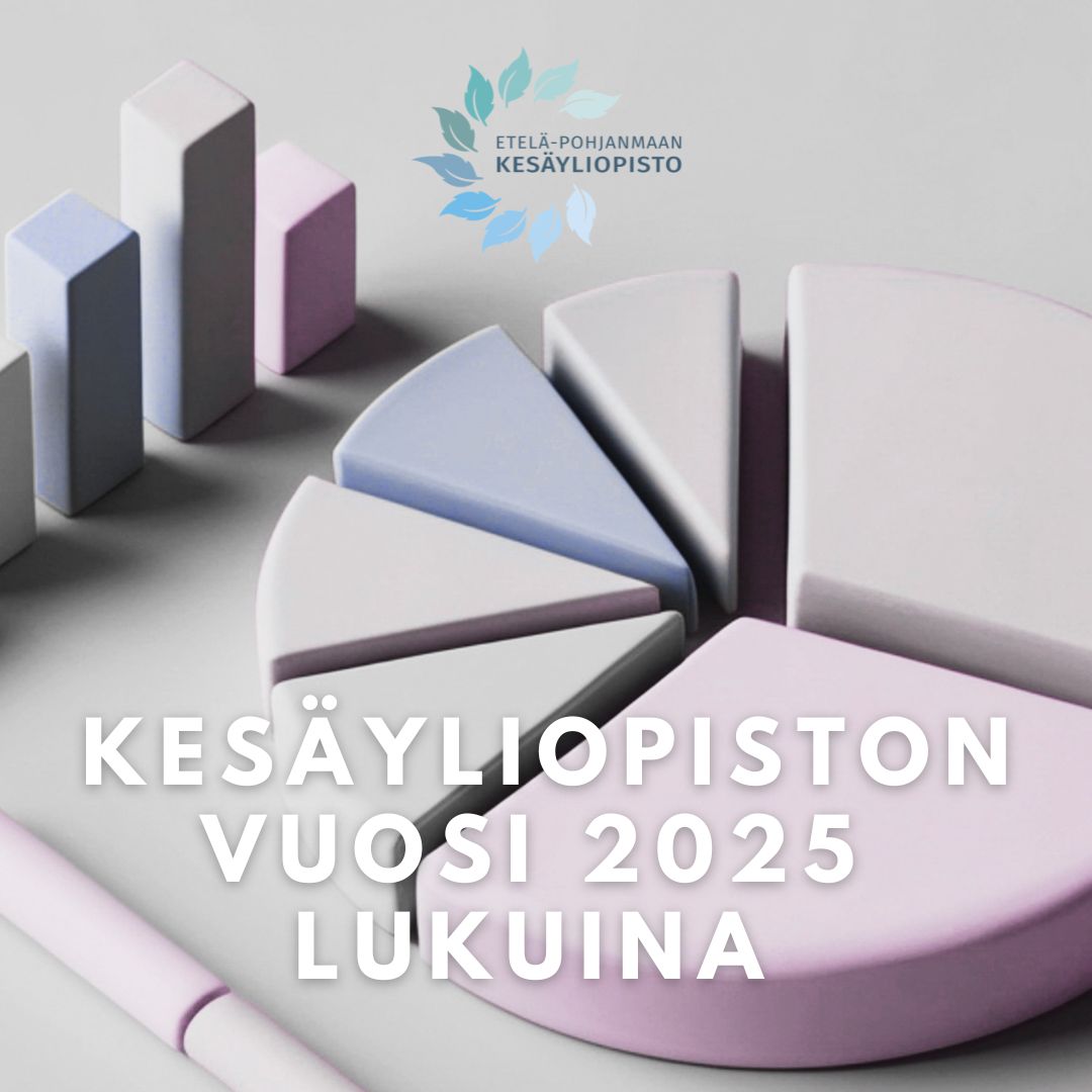 Vaaleasävyinen havainnekuva ympyrädiagrammista ja pylväsdiagrammeista. Kuvan päällä teksti: ”Kesäyliopiston vuosi 2025 lukuina”.